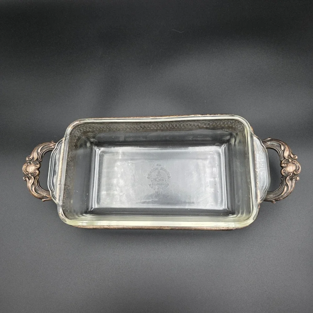 Anchor Hocking Fire King Glass‎ Baking Dish with Ornate Silver Plate Holder 1 Qt